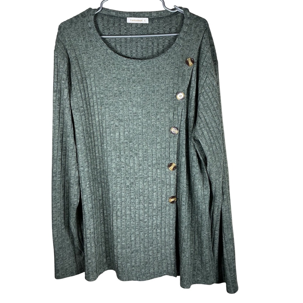 Fantaslook Womens 2XL Sage Green Ribbed Knit Long Sleeve Asymmetric Button Top